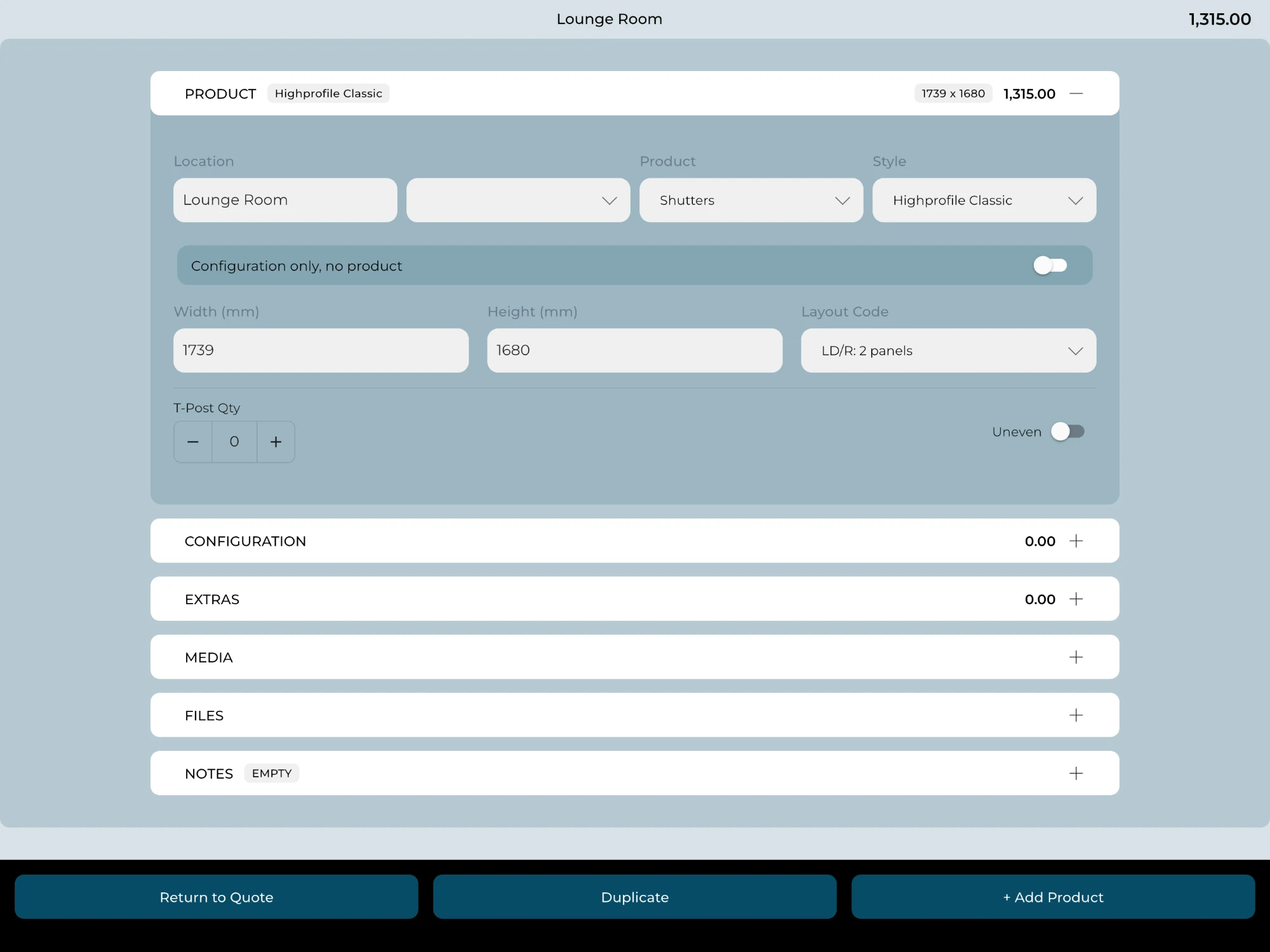 A configured shutter line on the iPad showing its size, layout and price
