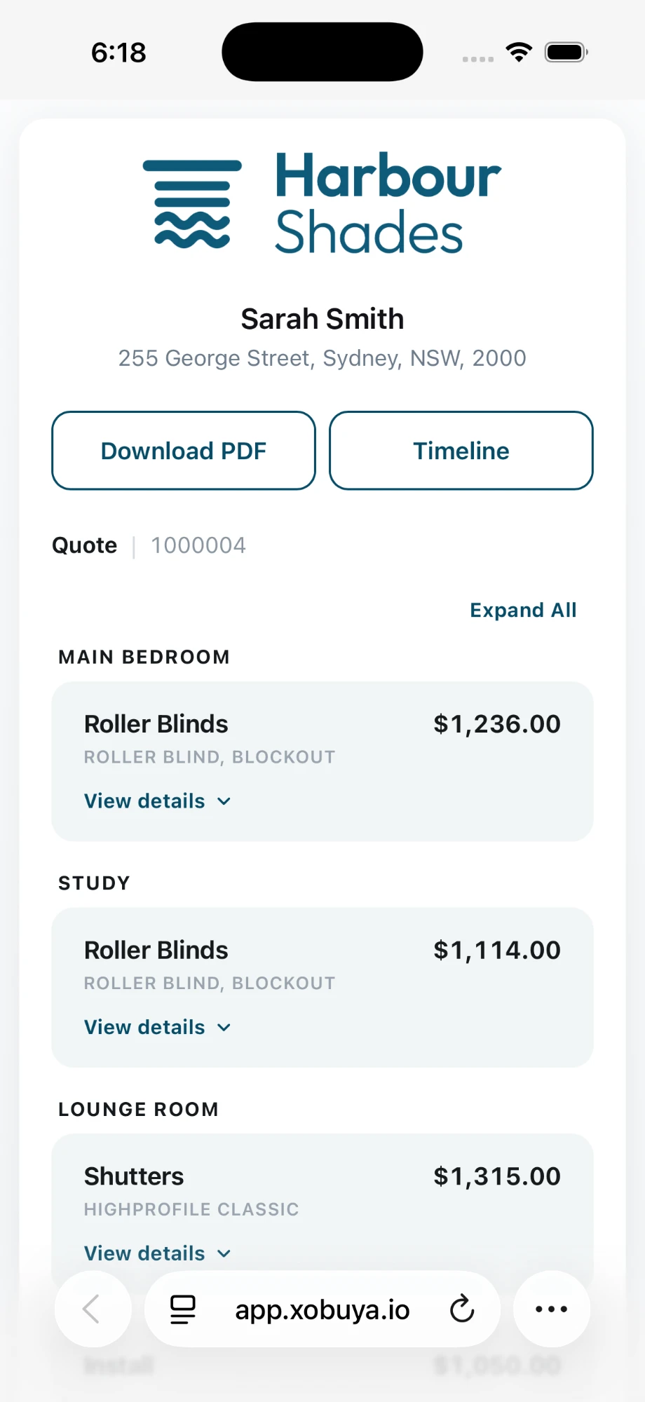 The customer's quote open on a phone, itemised by room
