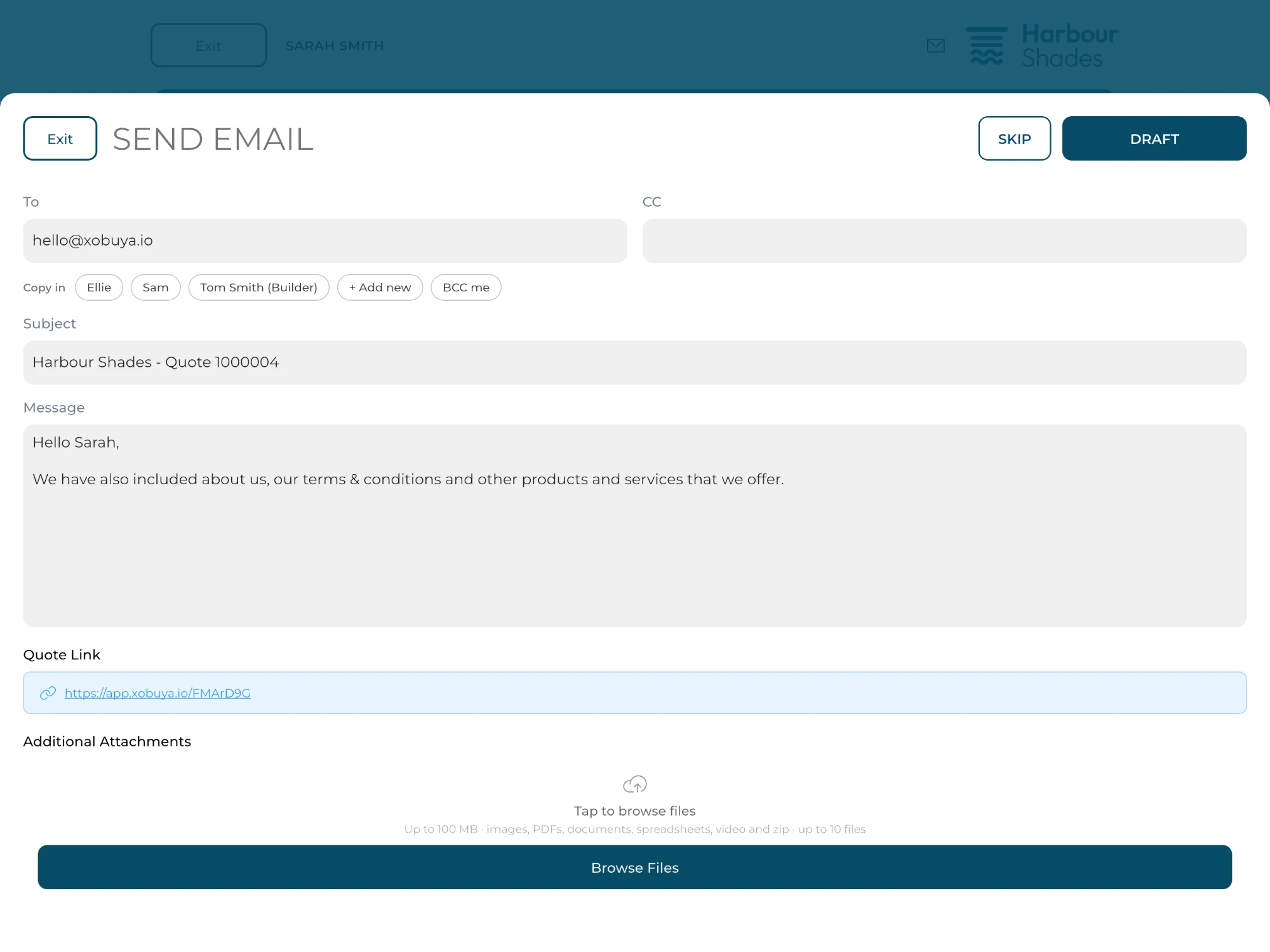 Sending the finished quote by email from the Xobuya app