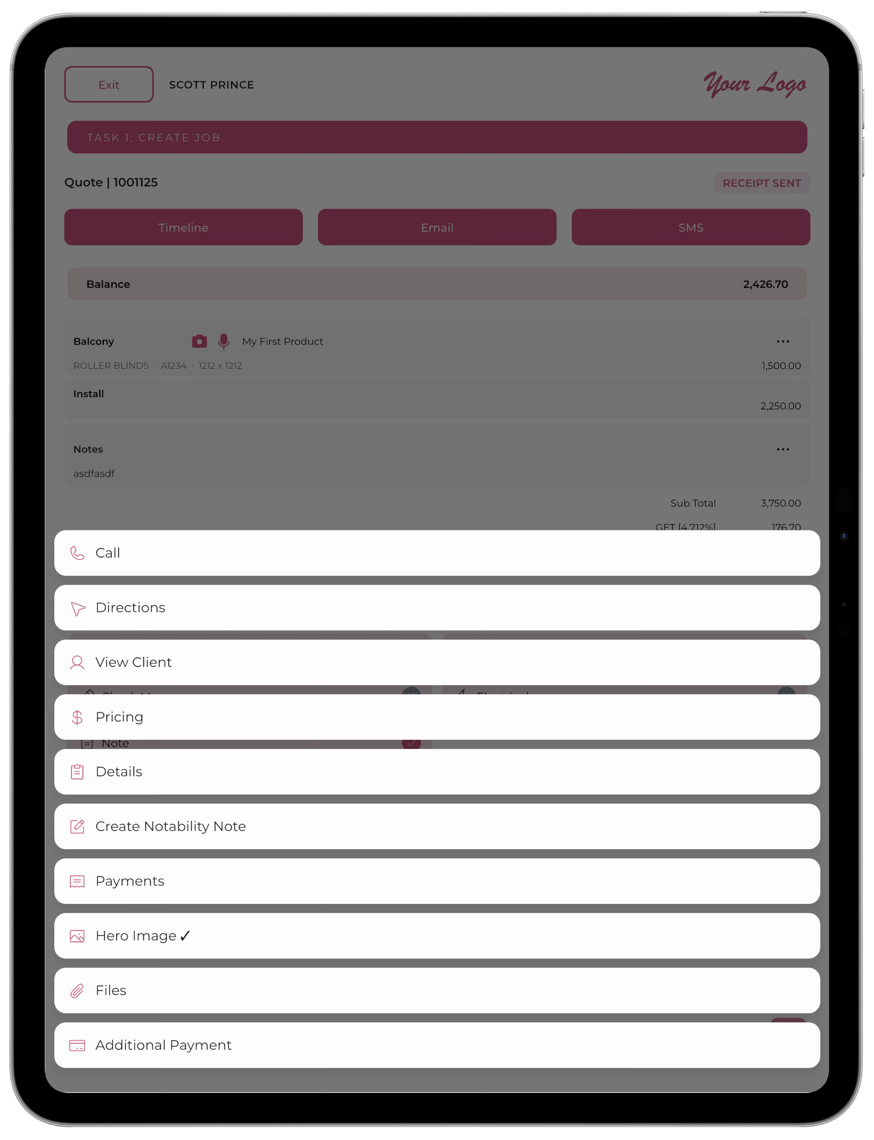 Job detail view on iPad